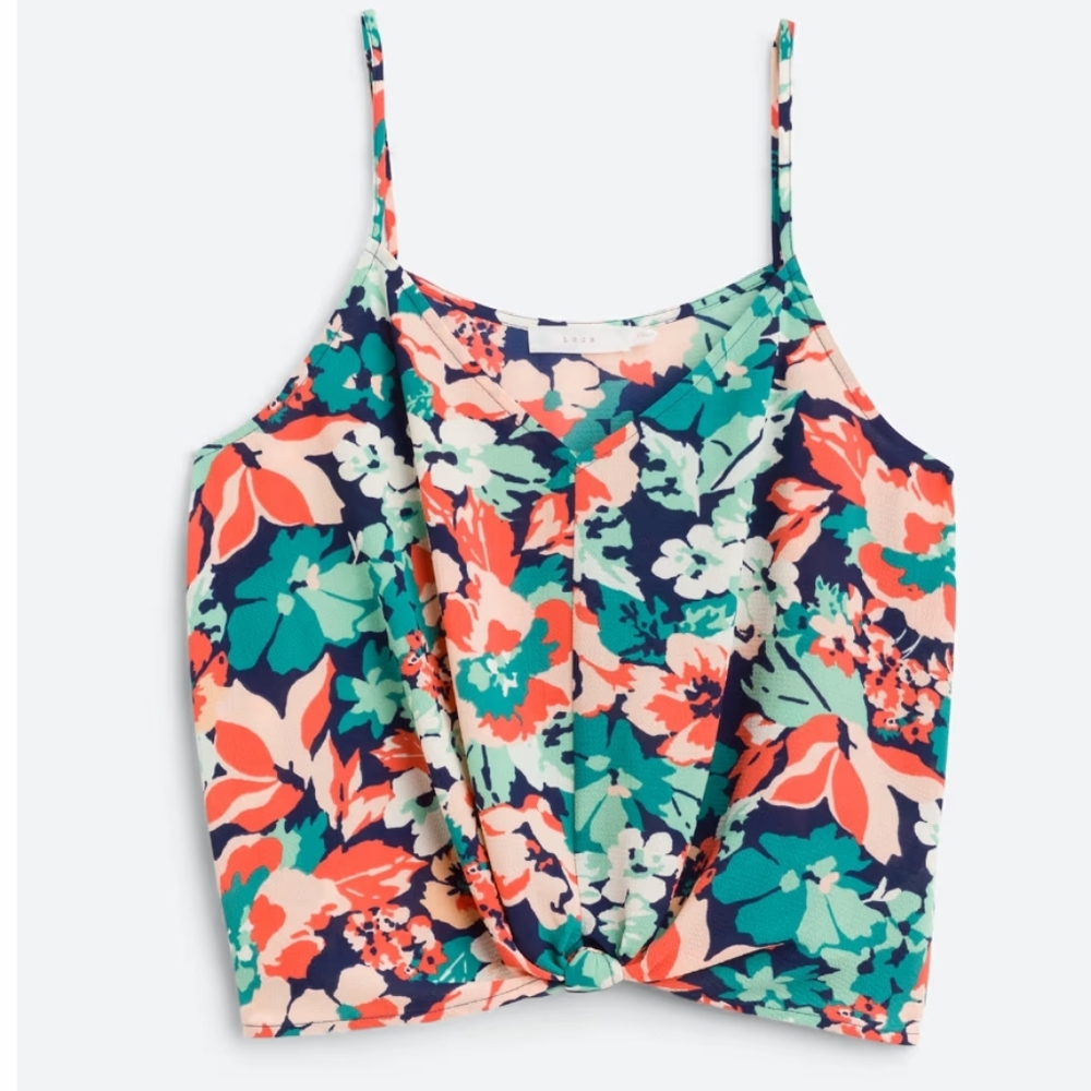 NEW Lush Tropical Floral Knot Front Crepe Cami Teal / Coral Motif - M